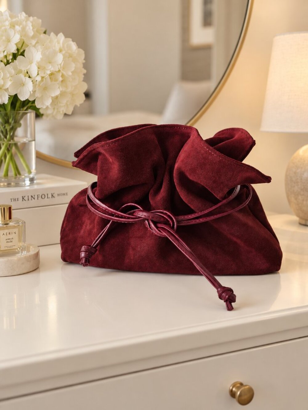 Burgundy Suede Drawstring Crossbody Bag, Italian Leather Shoulder Bag